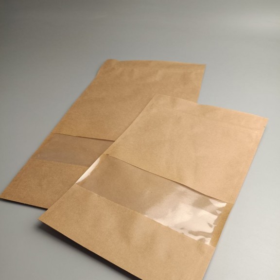 фото Дой-пак крафт с окном 210*380 (дно 55*55), зип-замок, с внутренней ламинацией