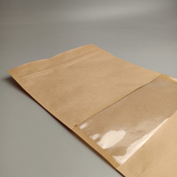 фото Дой-пак крафт с окном 210*380 (дно 55*55), зип-замок, с внутренней ламинацией