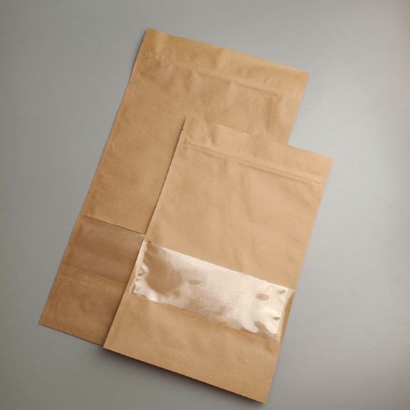 фото Дой-пак 180*280 (дно 45*45) крафт с окном, зип-замок, с внутренней ламинацией